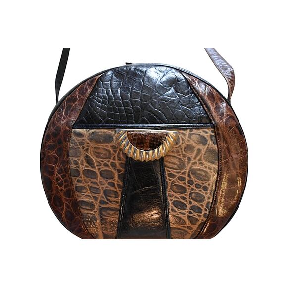 Vintage 80s Sharif Faux Animal Reptile Skins Brown Black Tan Canteen Purse Bag - Picture 3 of 9